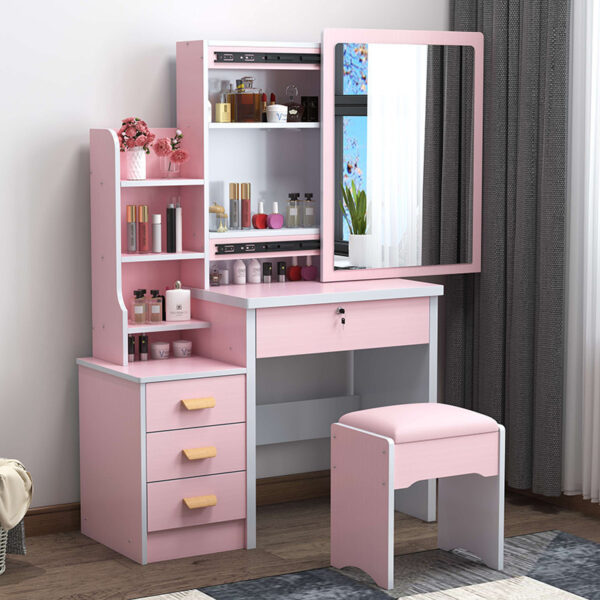 Modern Dressing Table with Push-Pull Mirror & LED Light - Integrated Storage