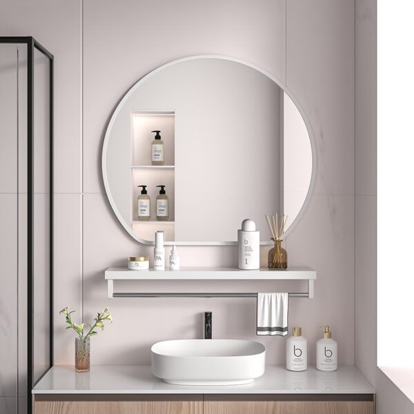 Self-Adhesive Bathroom Wall Mirror with Storage Rack